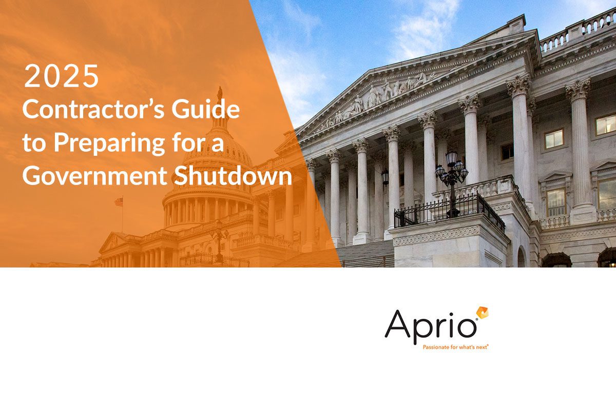 A cover page titled 2025 Contractor’s Guide to Preparing for a Government Shutdown with images of the U.S. Capitol and Aprios logo.