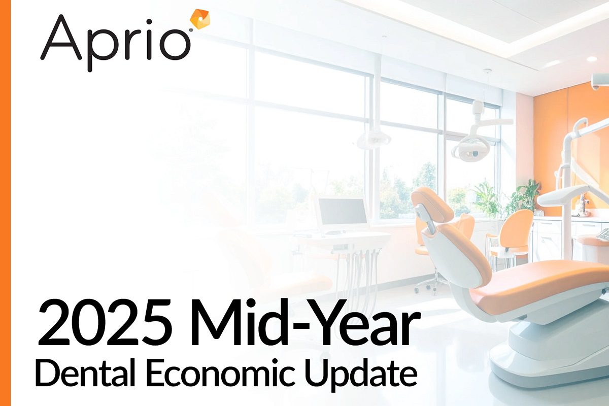 Dental office with orange exam chair and equipment; text reads Aprio 2025 Mid-Year Dental Economic Update.