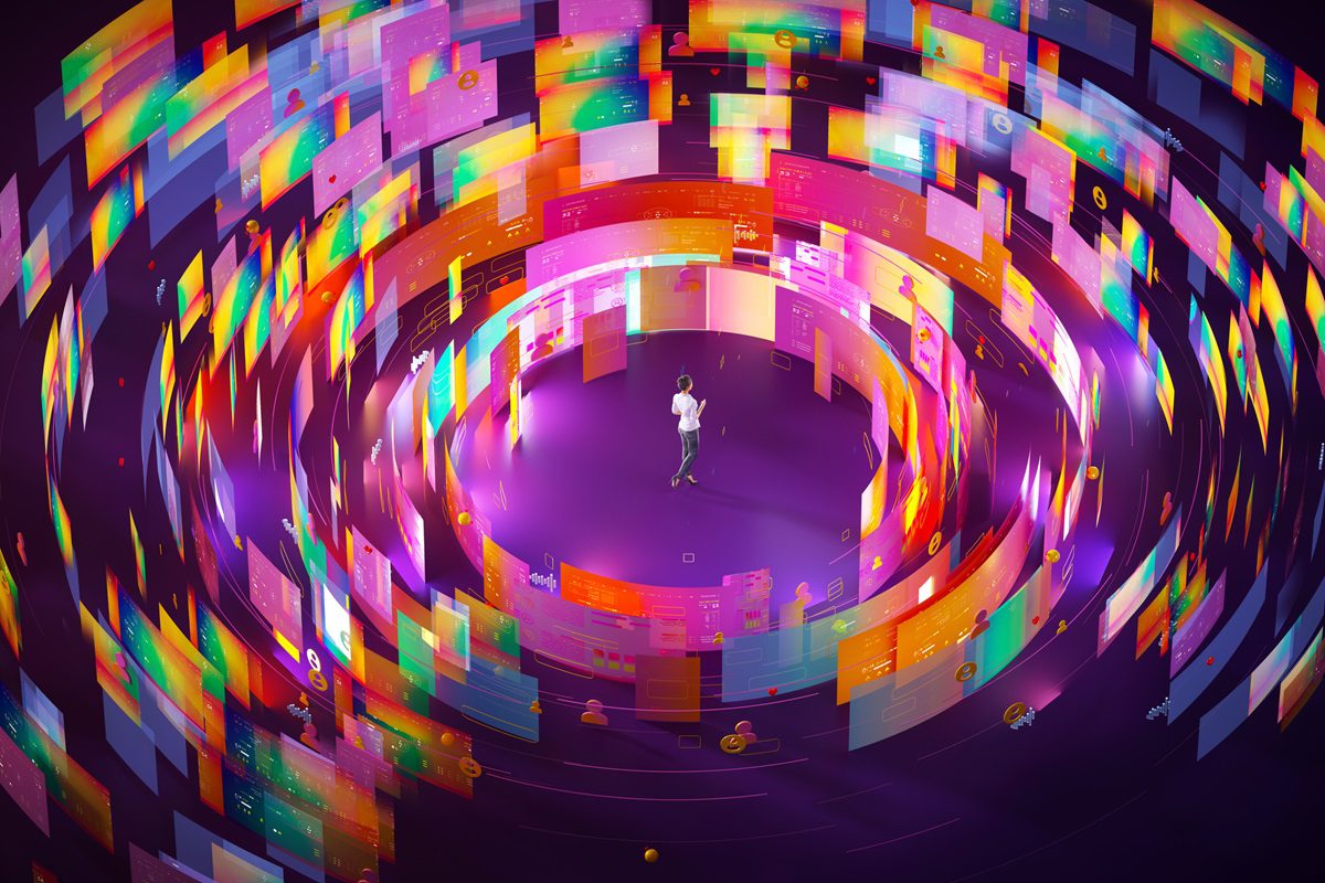 Digital generated image of young japanese woman standing inside multicoloured data sheets and social media chat icons organised into circular pattern around her against purple background.