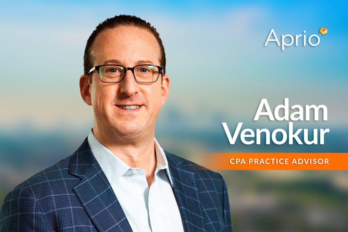 A man in glasses and a plaid blazer stands in front of a blurred background. Text on the image reads, &ldquo;Aprio Adam Venokur CPA Practice Advisor.&rdquo;.