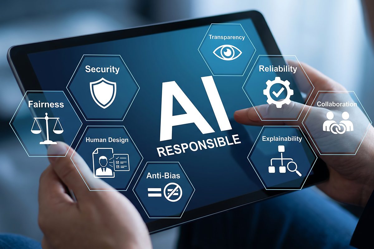 Person holding tablet displaying responsible artificial intelligence framework, ethical machine learning concepts, data security, transparent automation systems.