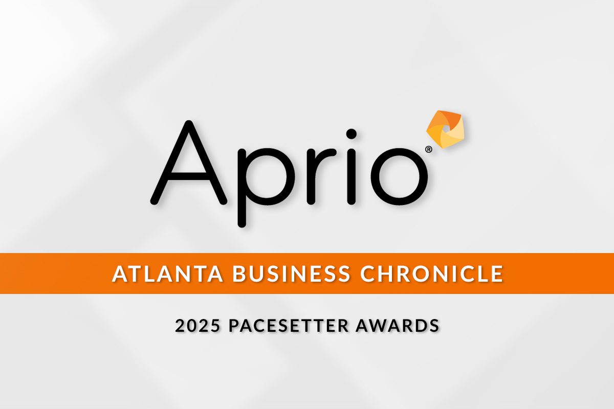 Aprio logo above an orange bar labeled Atlanta Business Chronicle, with 2025 Pacesetter Awards text below on a light gray background.