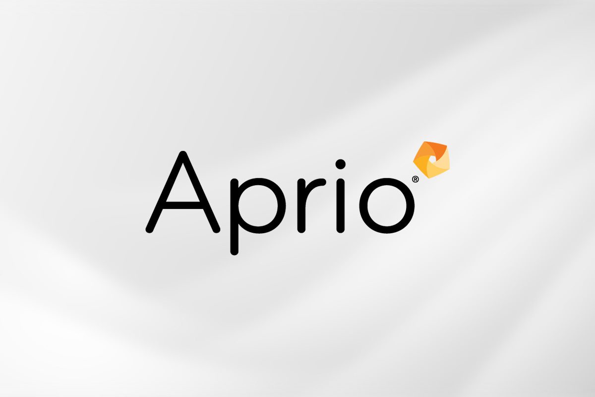 The image shows the Aprio logo with black text on a white background and an orange geometric shape above the letter i.