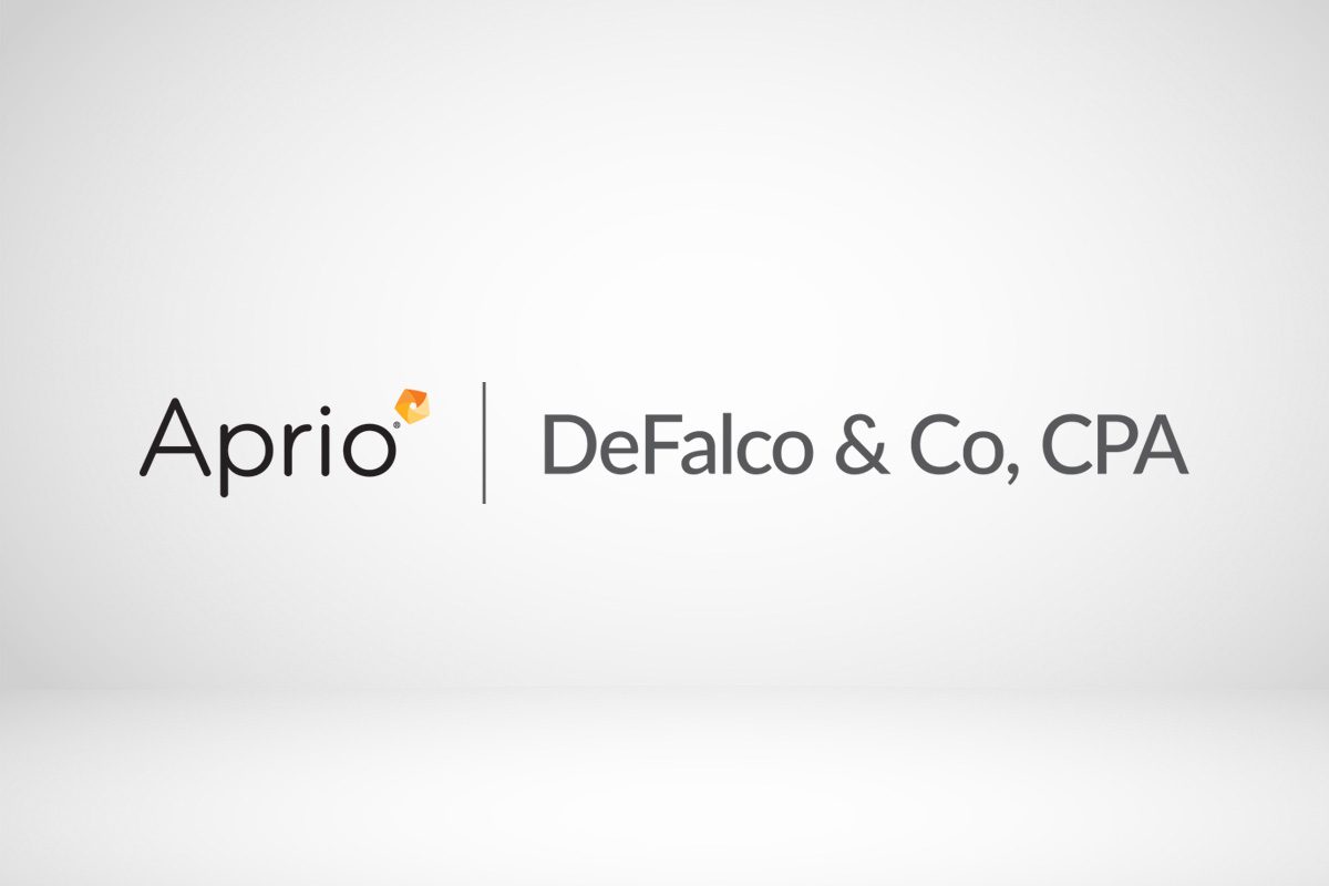 The image displays the logos of Aprio and DeFalco & Co, CPA on a plain white background.