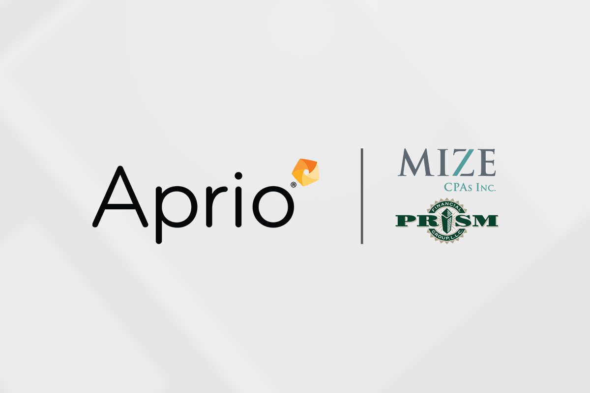 Logos of Aprio, Mize CPAs Inc., and PRISM are displayed side by side on a light background.