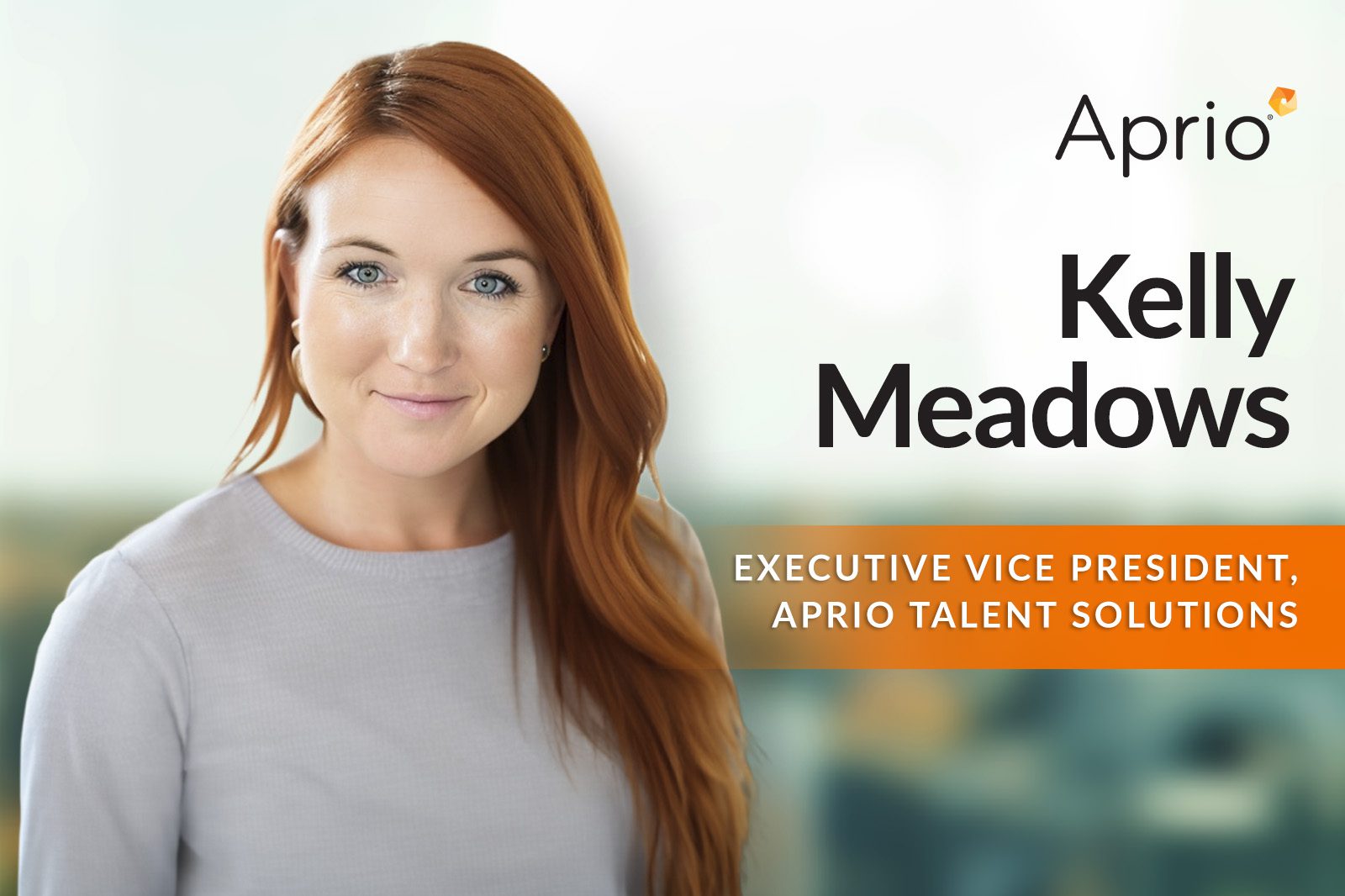 Professional headshot of a woman with long red hair, labeled as Kelly Meadows, Executive Vice President, Aprio Talent Solutions, with Aprio logo in the top right.