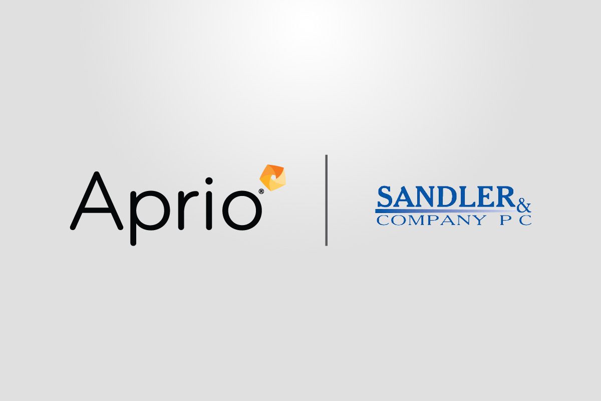 Logos for Aprio and Sandler & Company PC side by side on a light gray background, separated by a vertical line.