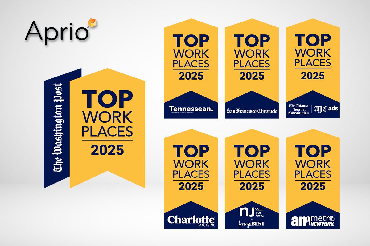 Yellow and blue banners showing Top Work Places 2025 awards from various publications, alongside the Aprio logo and The Washington Post banner.