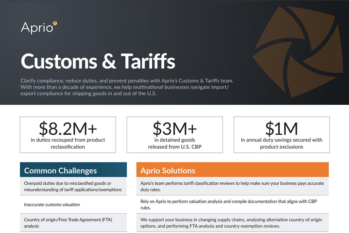 Aprio Customs & Tariffs overview with statistics on recouped duties, detained goods, and annual savings; includes common challenges and solutions offered.