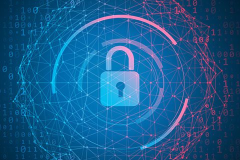 A padlock icon is centered on a digital background with intersecting lines, binary code, and a circular design, symbolizing cybersecurity and data protection.