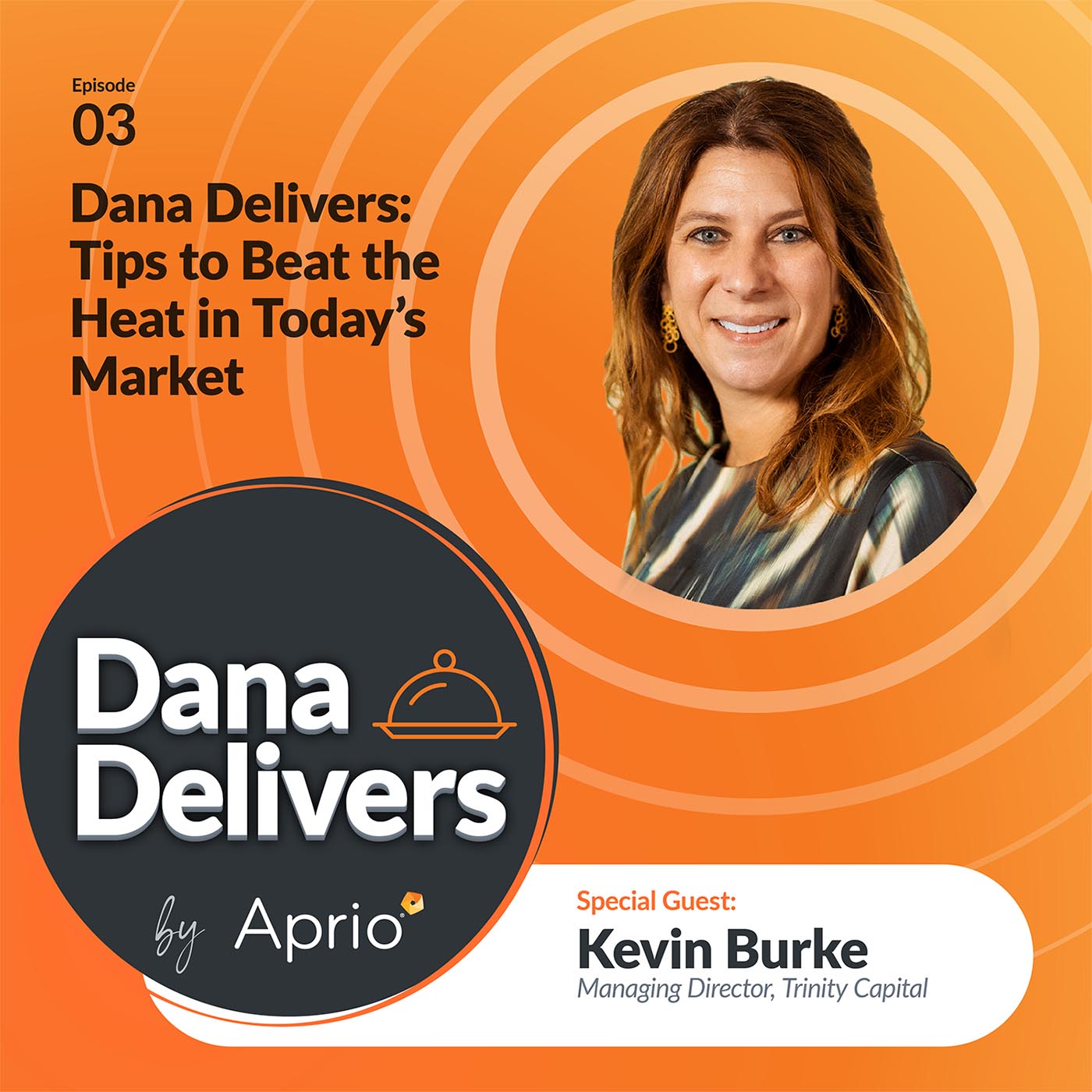 Podcast cover for Dana Delivers Episode 03 featuring Dana and special guest Kevin Burke, with orange circular background and text about tips to beat the heat in today’s market.