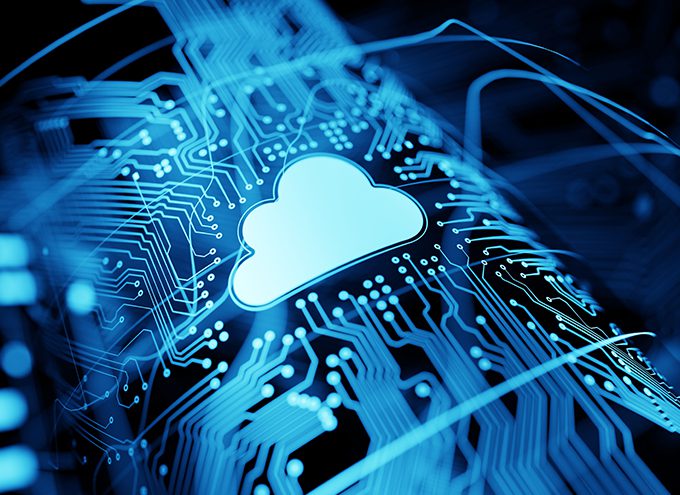 A glowing cloud icon is integrated within a blue electronic circuit board, representing cloud computing technology and digital connectivity.