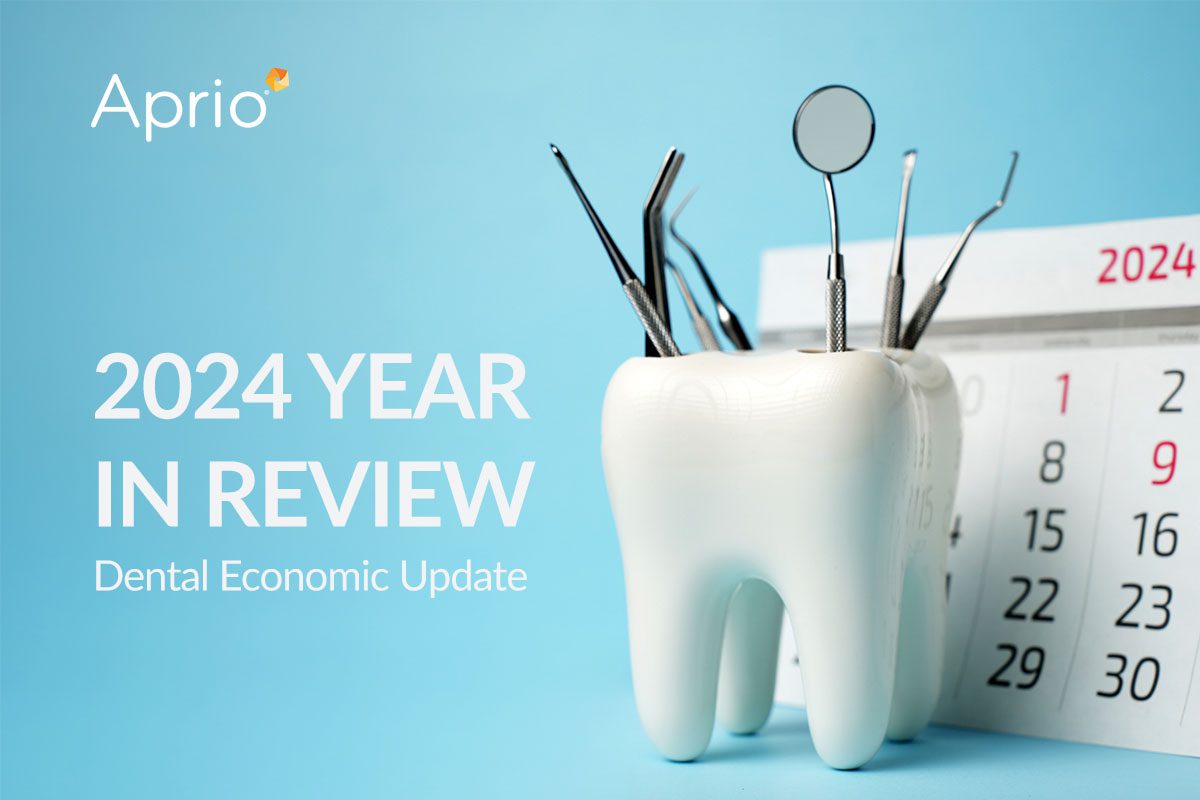 A tooth-shaped holder with dental tools in front of a 2024 calendar, alongside the text 2024 Year in Review Dental Economic Update and Aprio logo on a blue background.