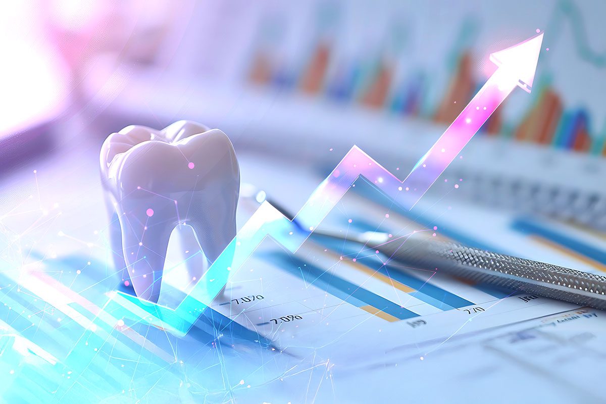 A model tooth and dental tool sit on financial charts, with an upward-pointing graph overlay symbolizing growth in dental industry statistics.