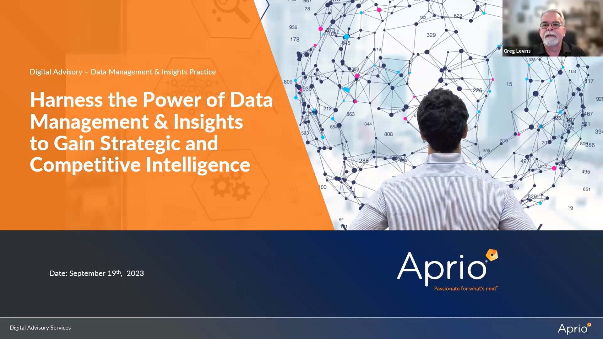 A man in a suit looks at a network diagram. Presentation slide titled Harness the Power of Data Management & Insights with Aprio branding and Greg Lewis featured in a small video call window.