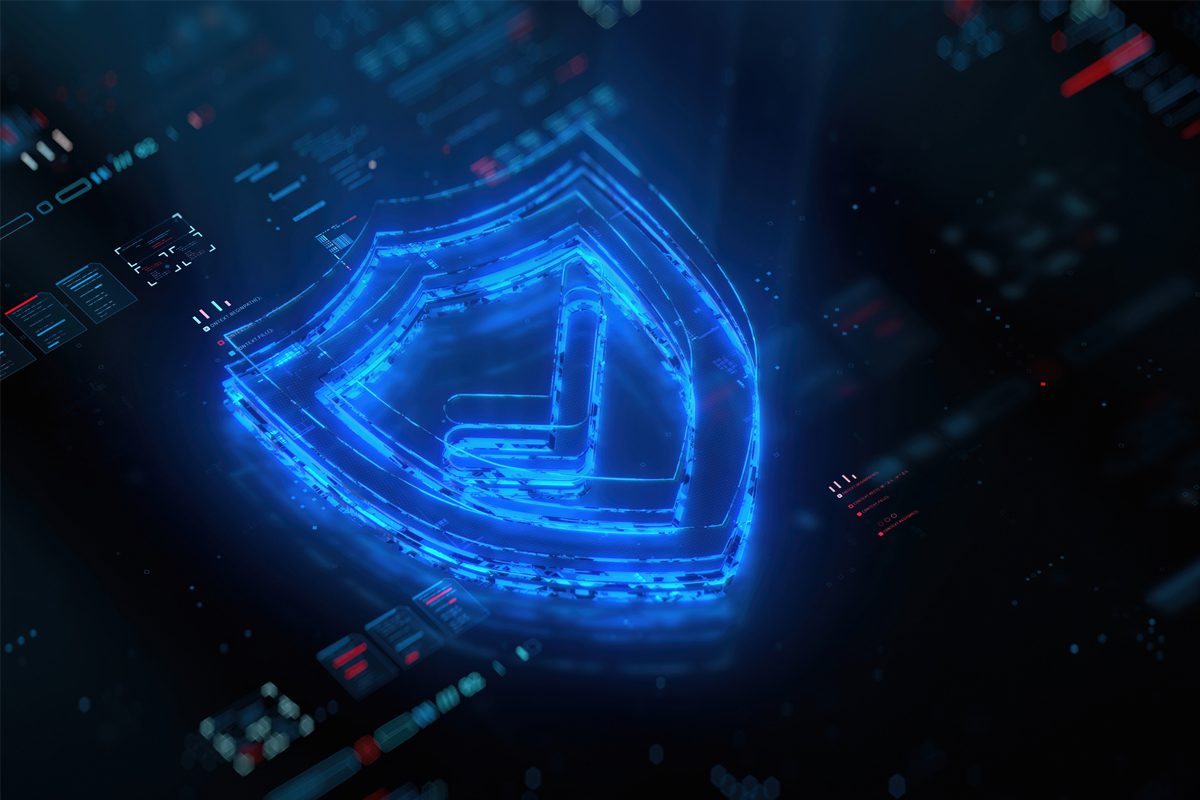 A digital blue shield with a checkmark icon glows against a dark background with abstract data and circuitry patterns, representing cybersecurity or data protection.
