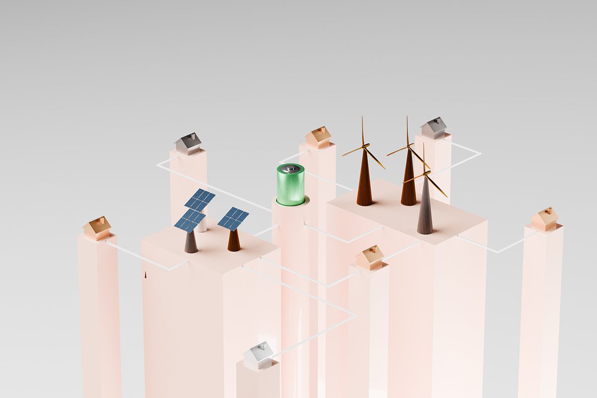 Conceptual image of elements illustrating a renewable energy power grid with solar power, wind power and battery storage