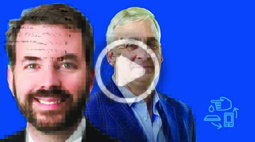 Two men in business attire on a blue background, with a play button overlay in the center and recycling icons on the right side.