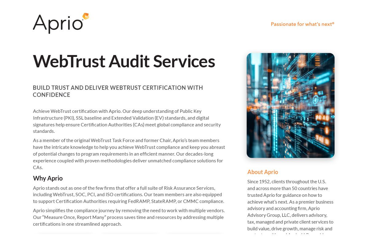 A professional webpage layout displays Aprios WebTrust Audit Services, featuring text about services, benefits, and a section titled About Aprio with an orange logo in the top left corner.