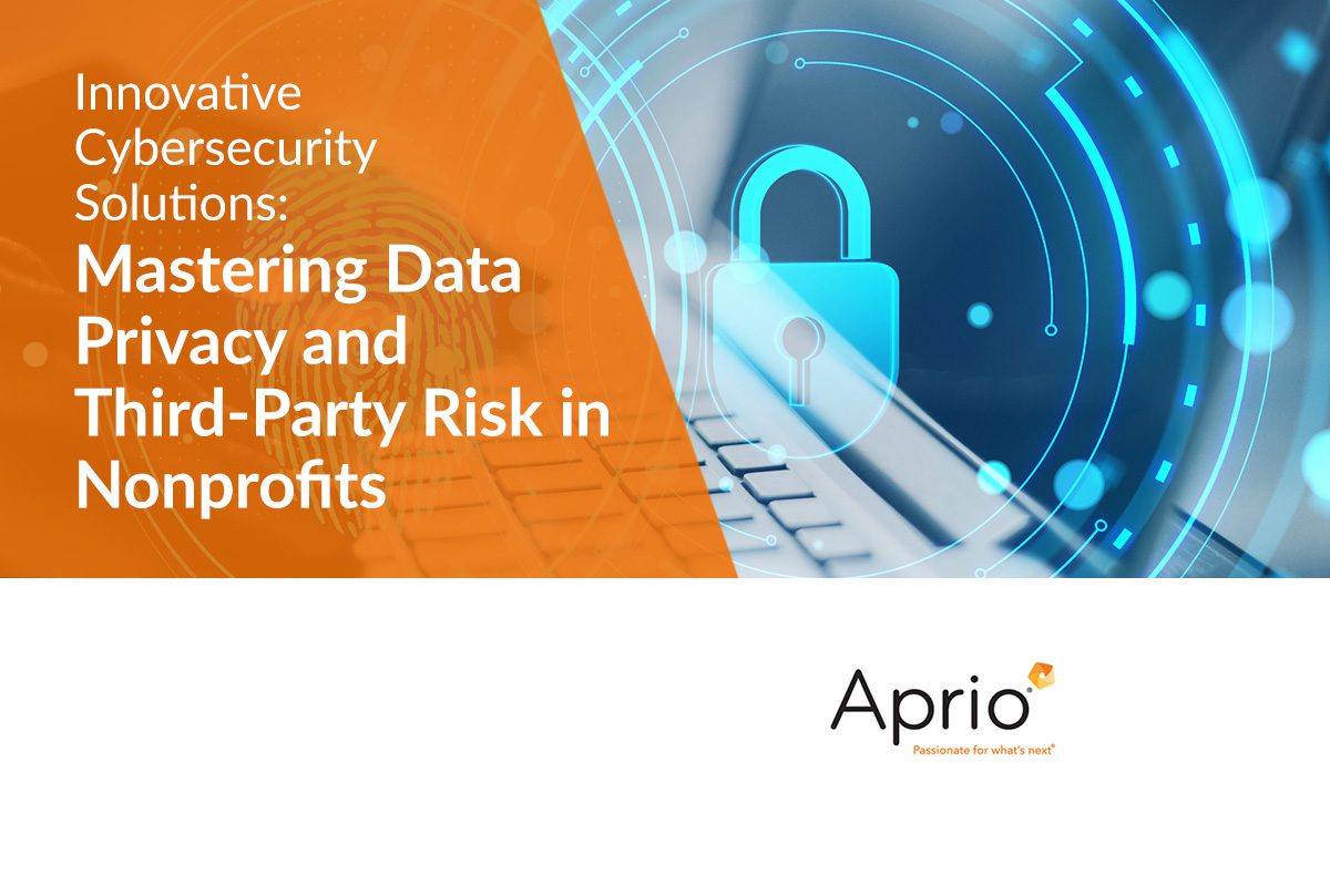 A digital lock icon overlays a keyboard with text promoting a webinar on data privacy and third-party risk in nonprofits by Aprio.