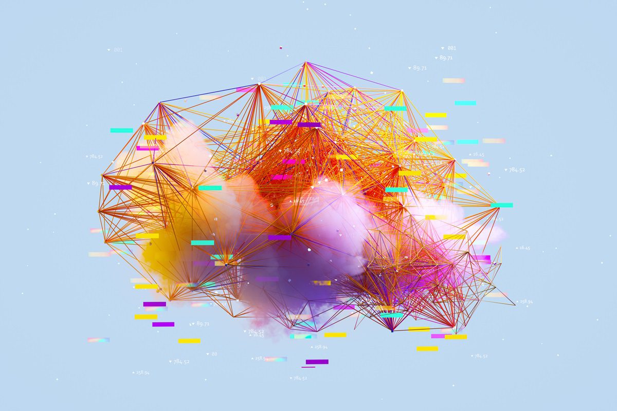 Digital generated image of abstract multicoloured AI data cloud against light blue background.