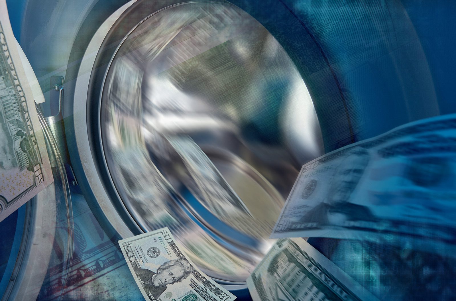 Several U.S. dollar bills are shown inside and around a washing machine, suggesting the concept of money laundering.