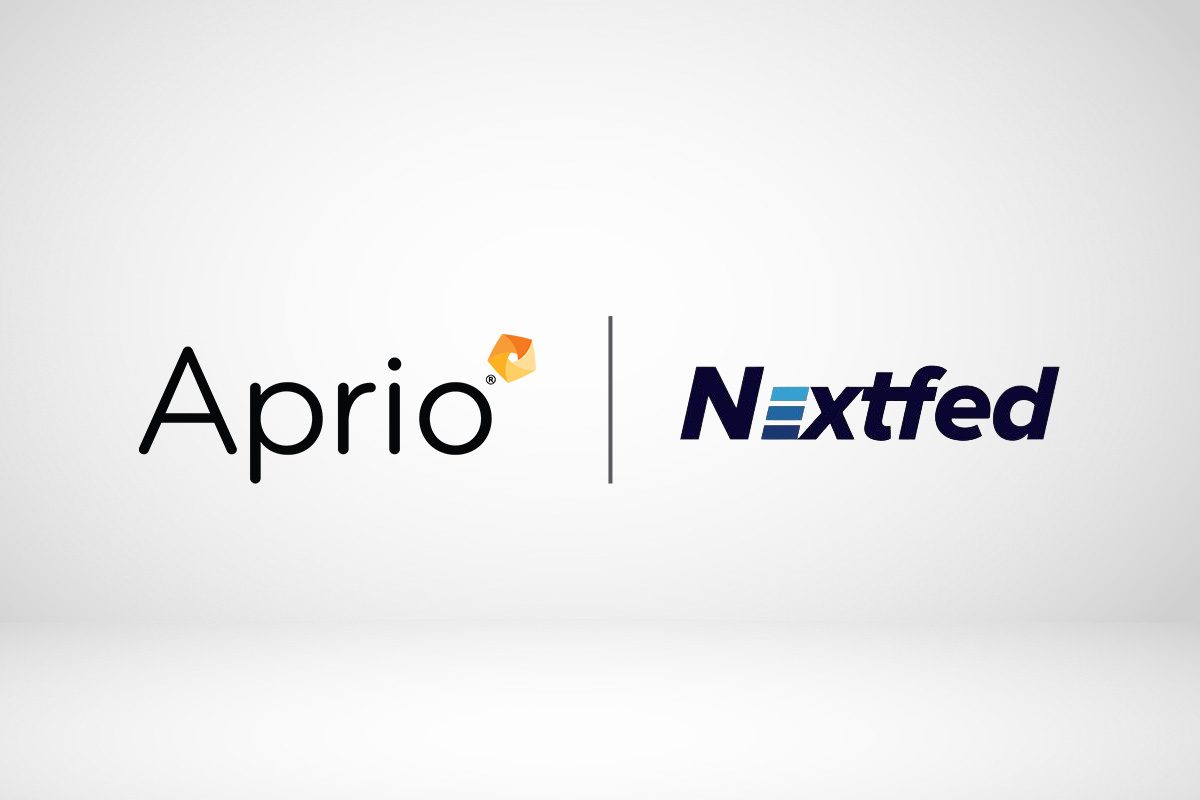 Logos of Aprio and Nextfed are displayed side by side on a white background, separated by a vertical line.