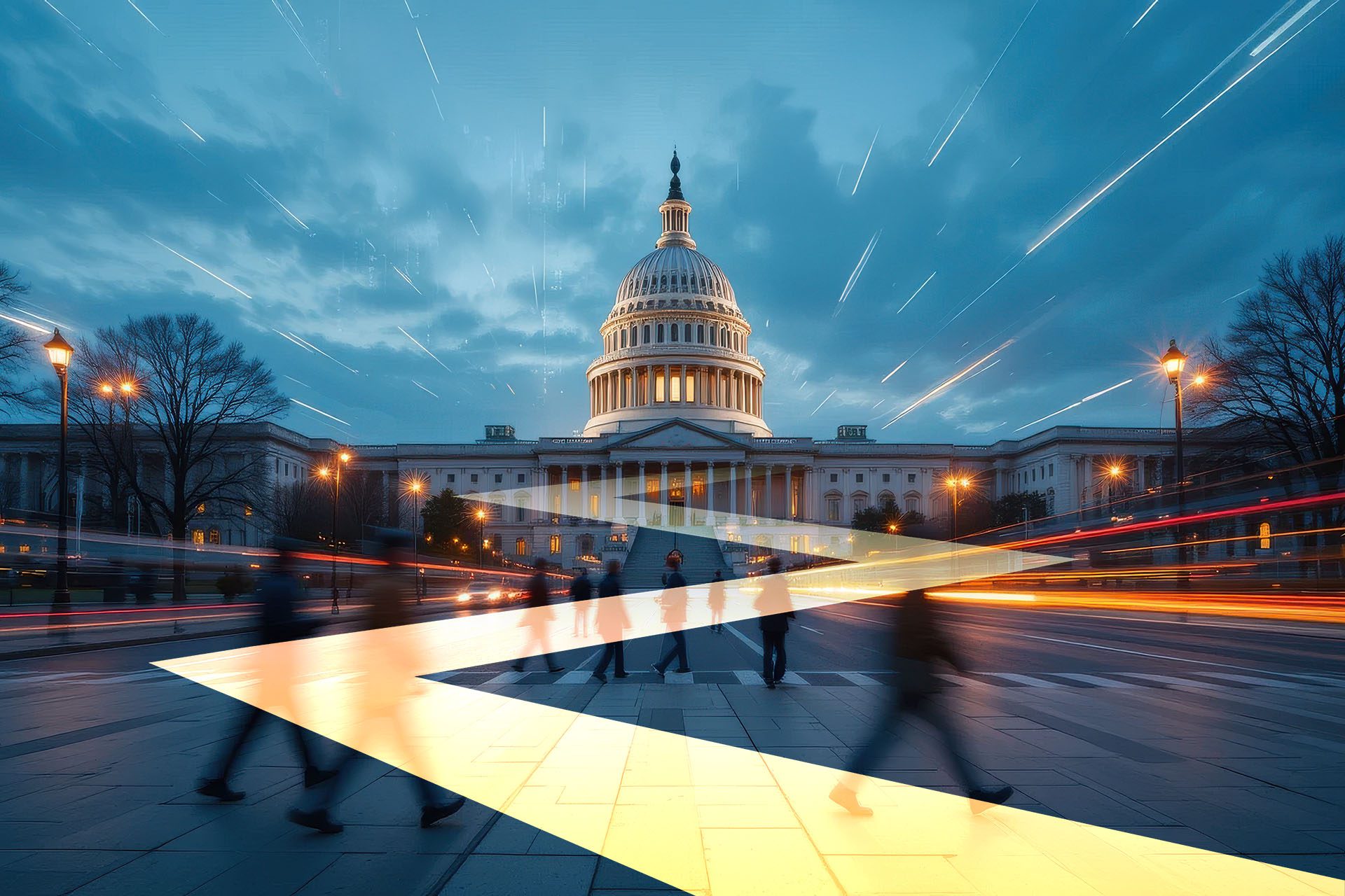 The U.S. Capitol building at dusk with blurred figures crossing the street and streaks of light suggesting motion and activity.