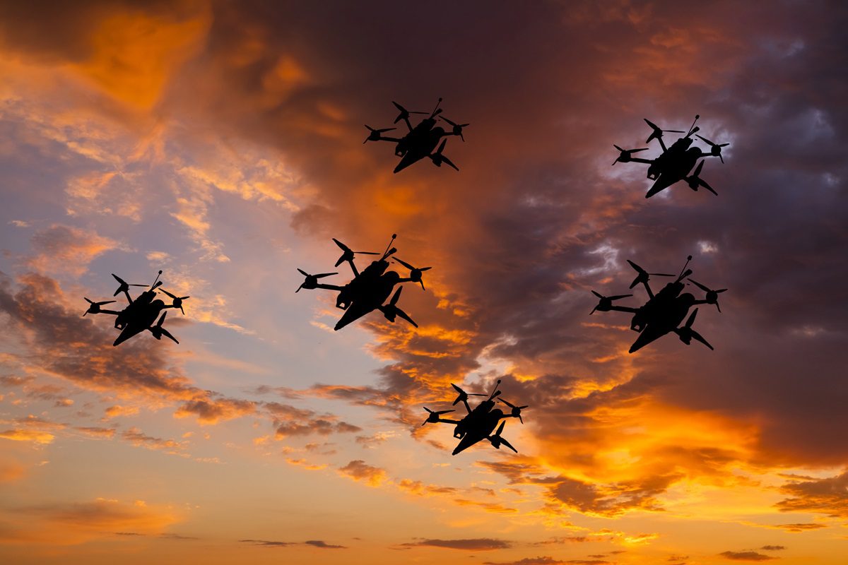 FPV kamikaze drones at sky.