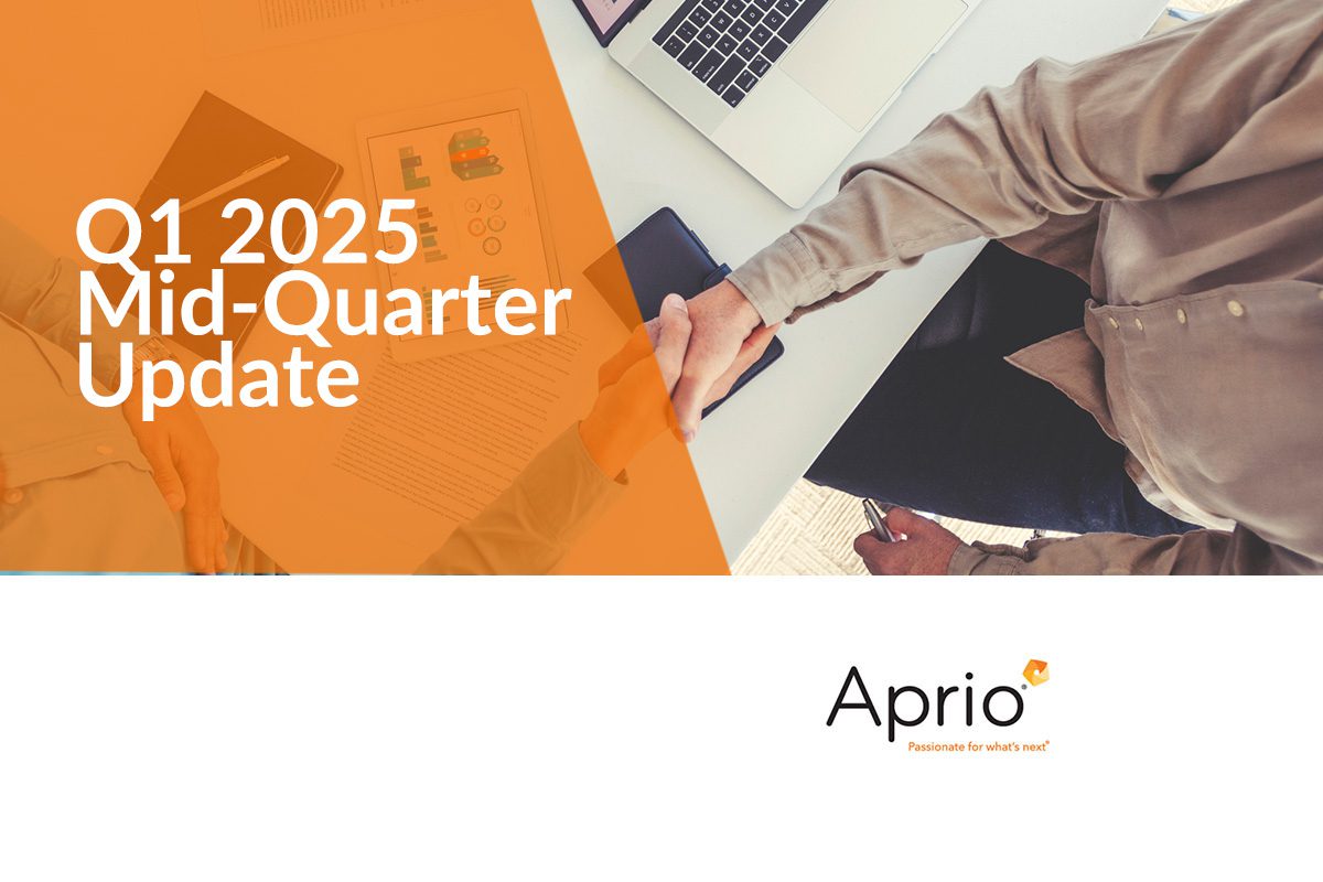 Two people shake hands at a desk with documents and a laptop. Overlaid text reads Q1 2025 Mid-Quarter Update. Aprio logo appears at the bottom right.