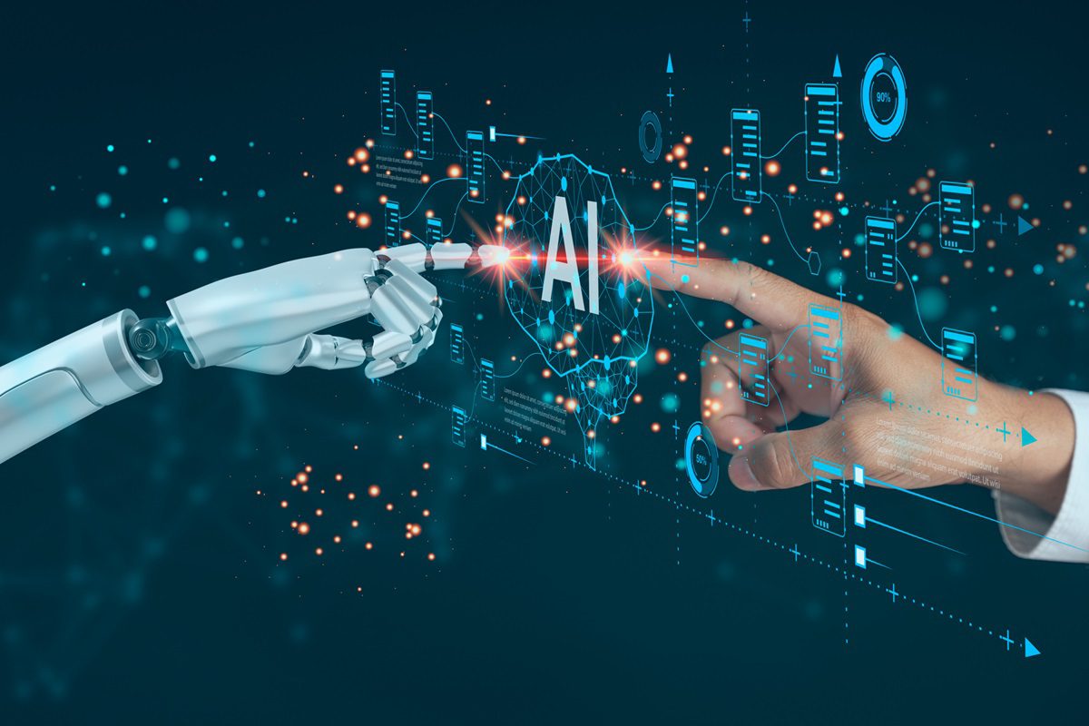 A robotic hand and a human hand touch fingertips in front of a digital AI graphic, symbolizing human and artificial intelligence connection.
