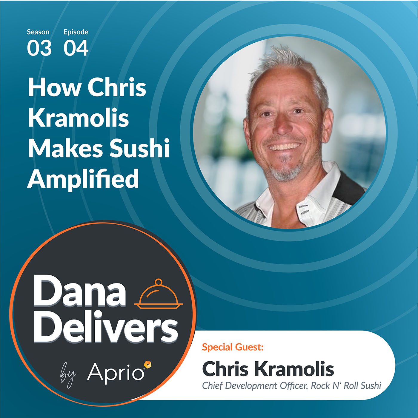 Podcast promotional graphic featuring guest Chris Kramolis, Chief Development Officer of Rock N Roll Sushi, for an episode titled How Chris Kramolis Makes Sushi Amplified on Dana Delivers.