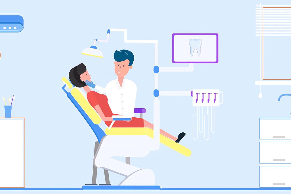 A dentist examines a female patient sitting in a reclining dental chair, with dental equipment and a tooth diagram visible in the background.