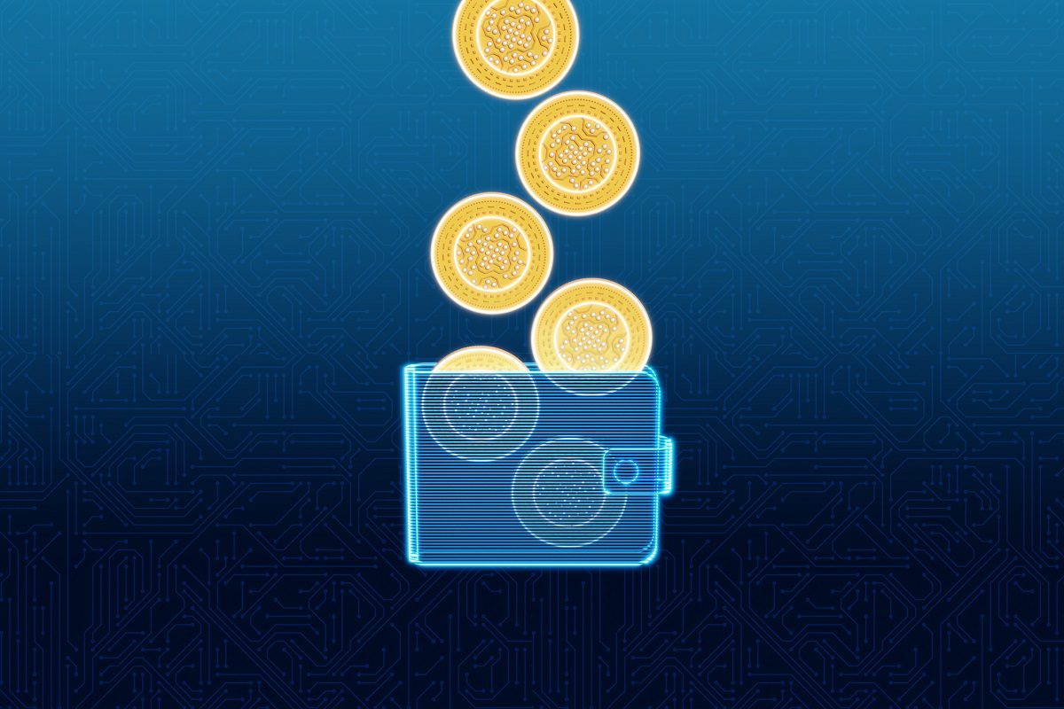 Digital illustration of coins falling into a glowing, neon-style wallet on a blue circuit-patterned background, representing digital or cryptocurrency transactions.