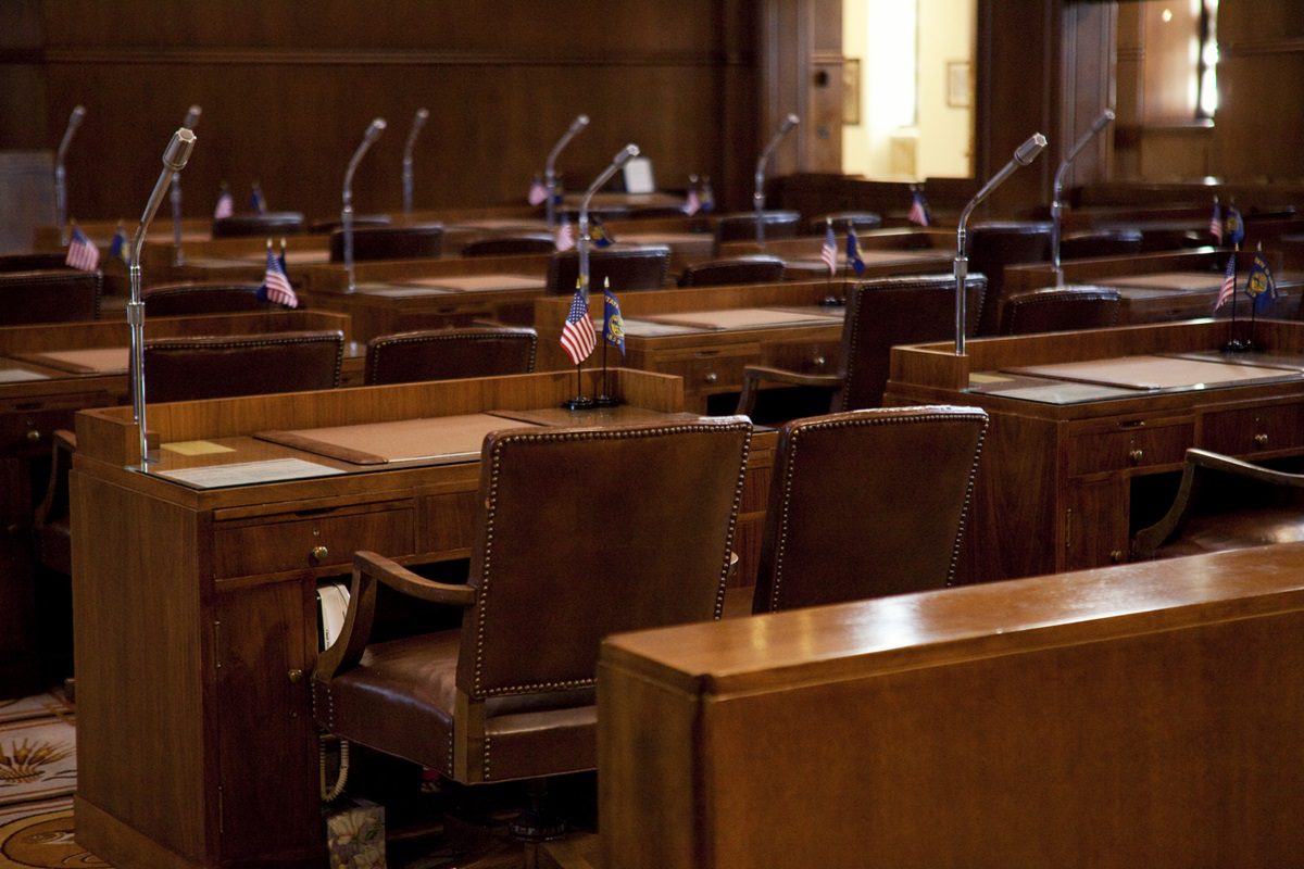 State Senate Chamber of the Oregon state capitol building in Salem, Oregon.