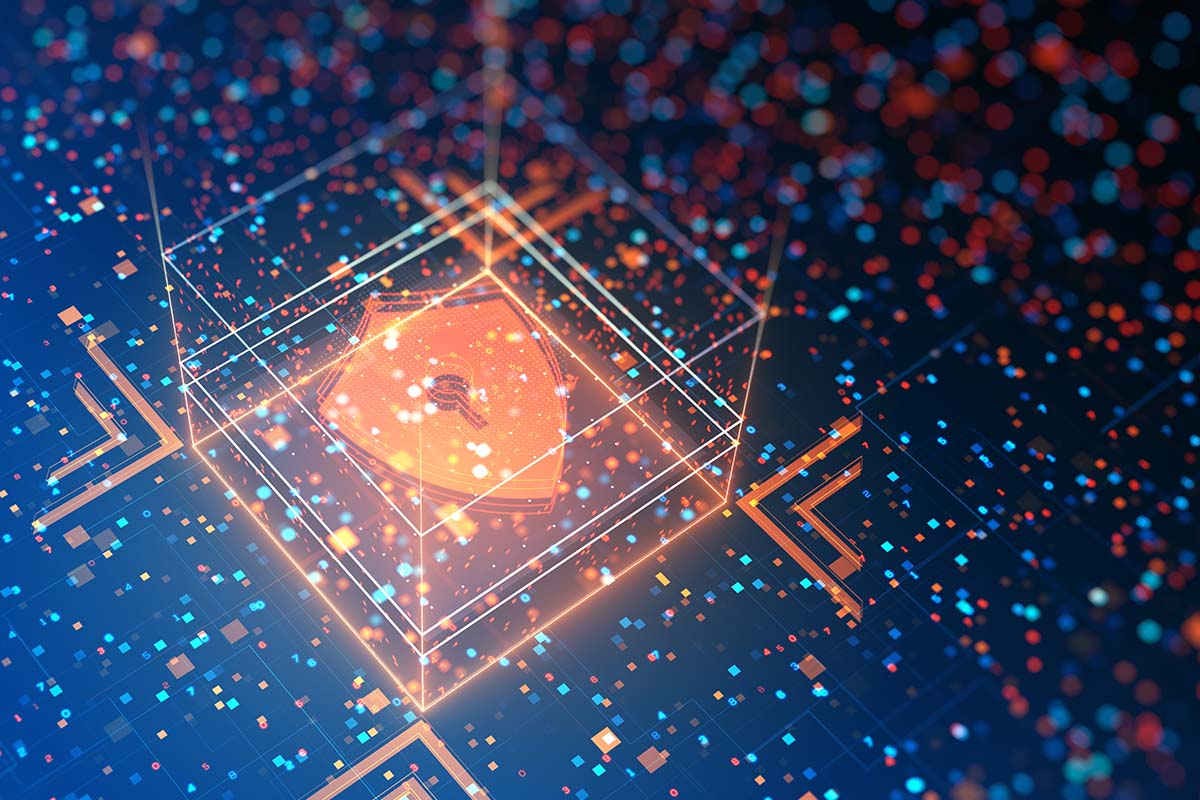 A digital illustration of a shield with a padlock, surrounded by glowing circuits and colorful data points, symbolizing cybersecurity and data protection.