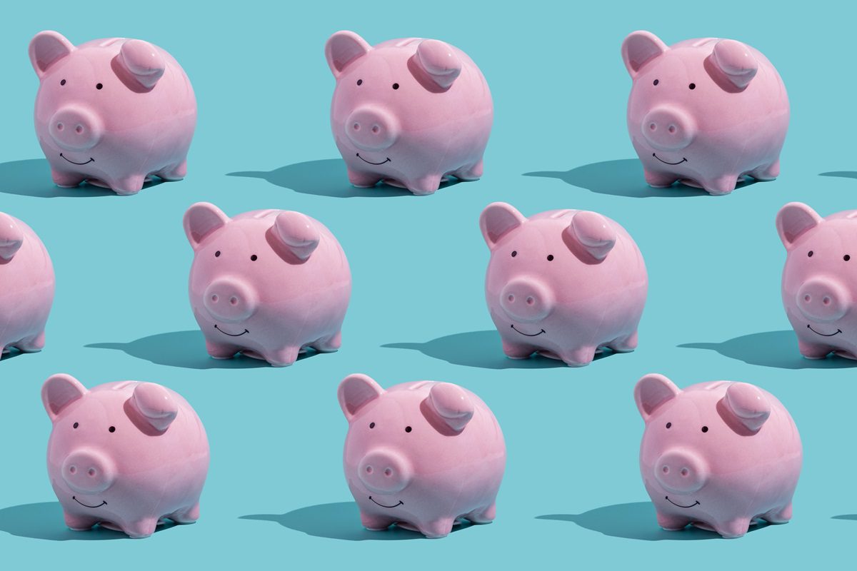 Piggy bank pattern on cyan background.