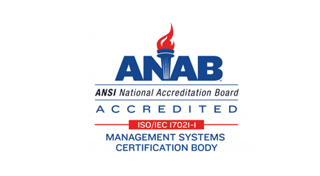 ANAB Accredited logo for Management Systems Certification Body, displaying the ISO/IEC 17021-1 standard and ANSI National Accreditation Board text.