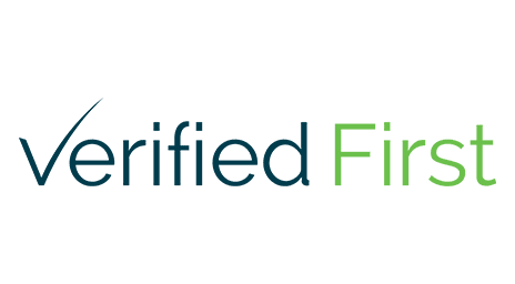 The logo displays the words Verified First with Verified in dark blue and First in green; the V in Verified is styled like a checkmark.