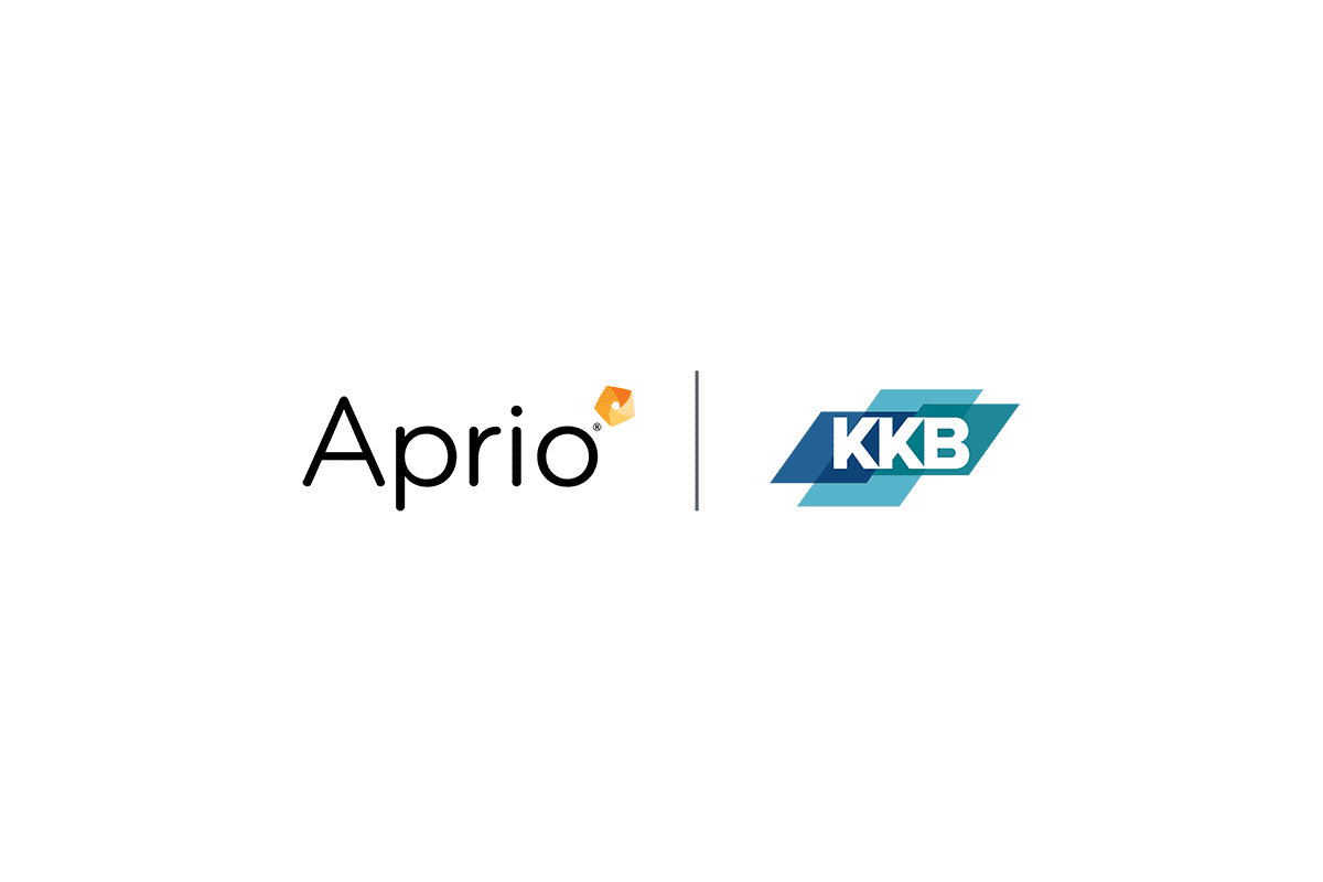 Logos of Aprio and KKB side by side, separated by a vertical line on a white background.
