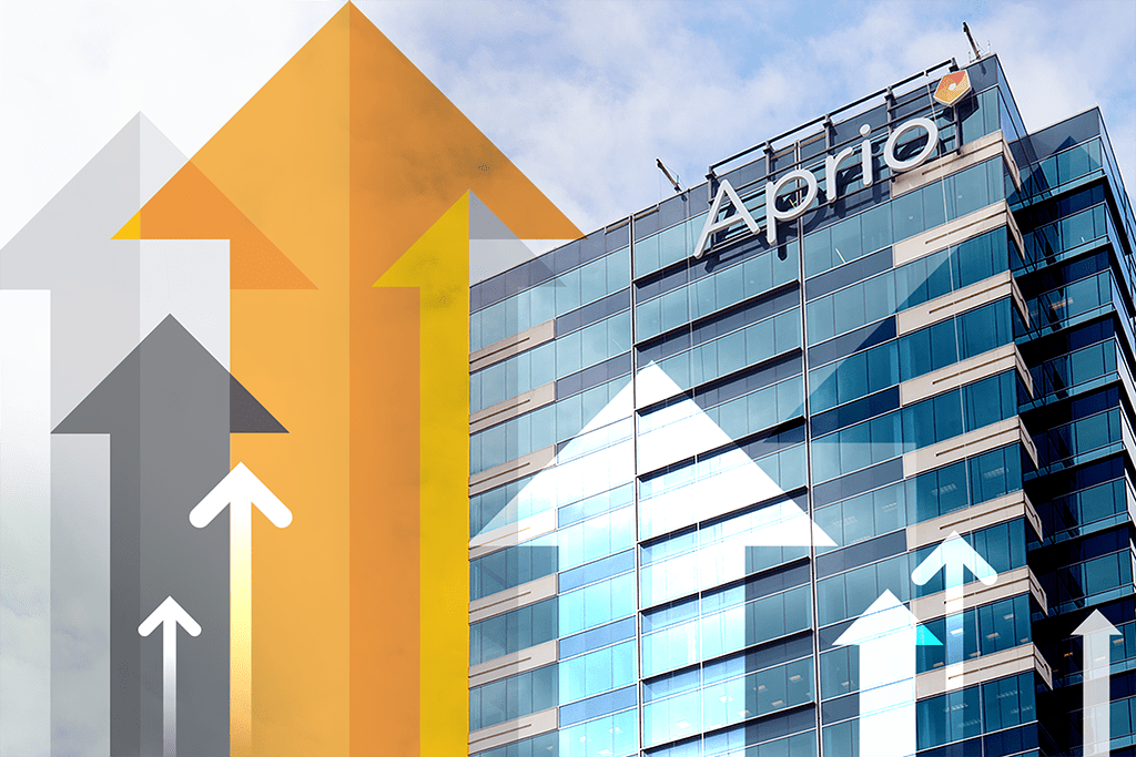 A modern glass office building with Aprio signage and various upward-pointing arrows overlaid, suggesting business growth or financial improvement.