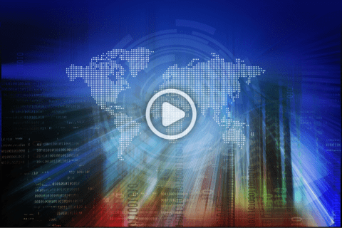 Digital world map with data streams and binary code in the background, overlaid with a play button icon in the center.