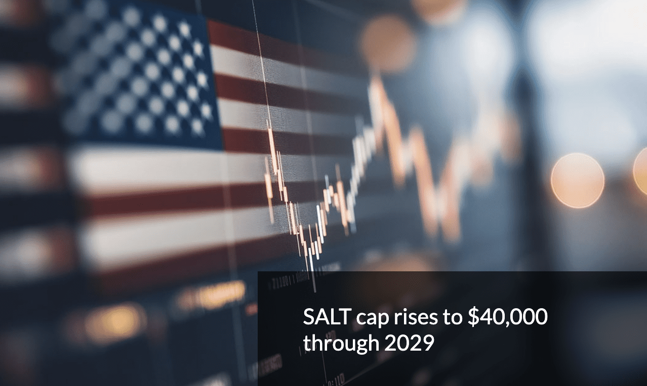 On a screen, a digital growth chart spikes up and down over a digital rendering of the American flag. Text in the bottom right reads 